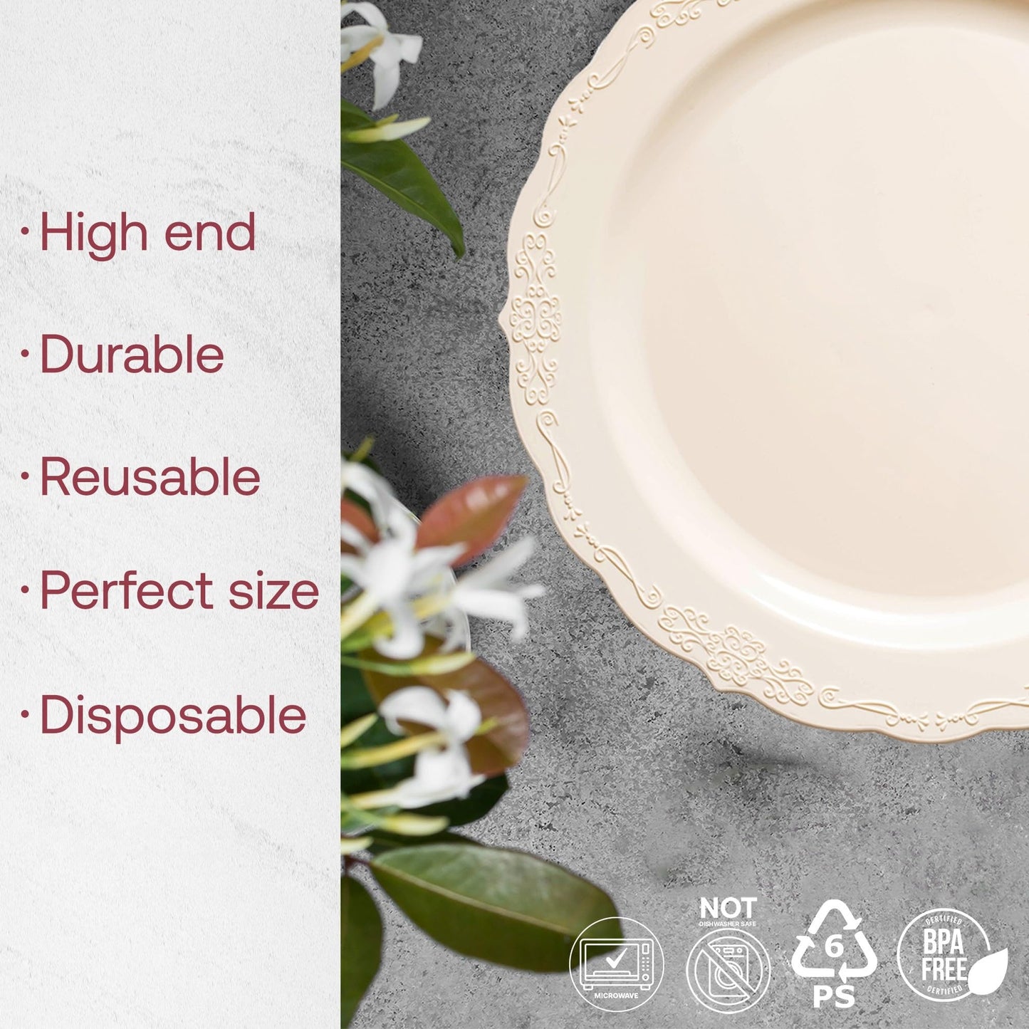 Smarty Had A Party Ivory Scalloped Plastic Dinner Plates 10 inch (120 Pieces) - Heavy Duty Disposable Plates for Wedding - Fancy Upscale Disposable