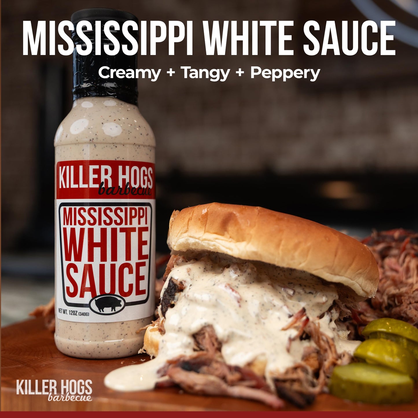 Killer Hogs Mississippi White Sauce, Creamy and Tangy Southern Style Flavor for Chicken, Pork, Seafood, and Grilled Meats, 12 oz Bottle