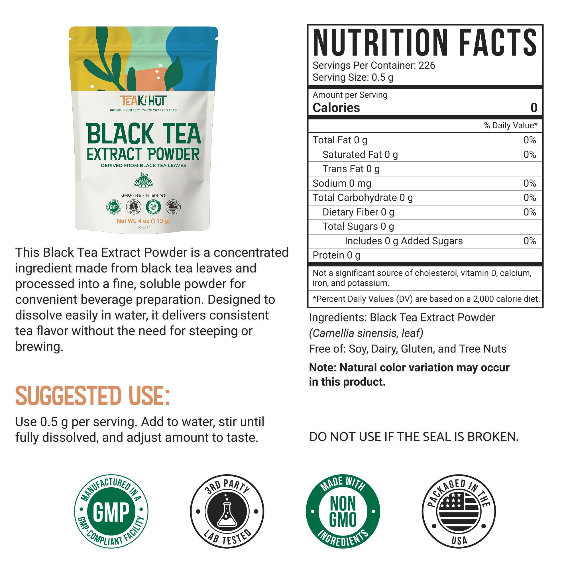 Instant Black Tea Extract Powder, Unsweetened Iced Tea Extract Powder from Real Black Tea Leaves for Hot or Cold Drinks, Instant Black Tea Mix