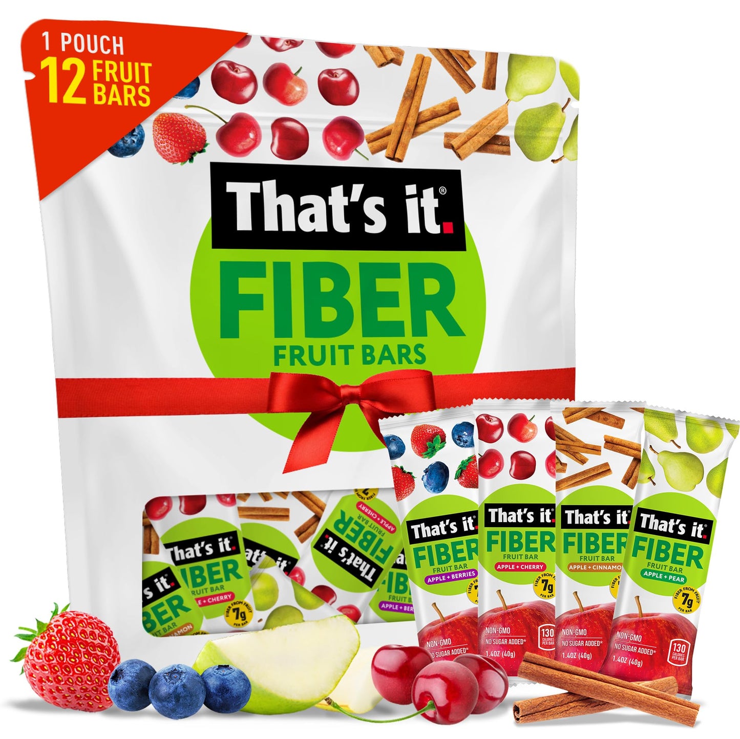 That’s it. High Fiber Fruit Bars Variety Pack (12 Count) - Cinnamon, Pear, Mixed Berries & Cherry, 7g Fiber from Real Fruit, 3-4 Ingredients, No Added