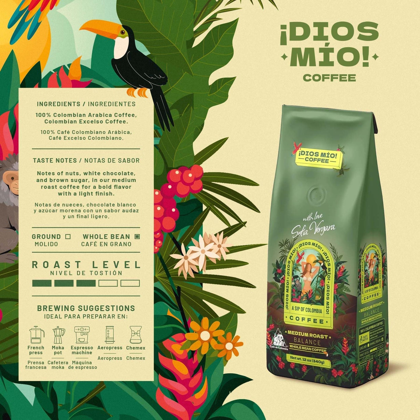 Dios Mio Coffee by Sofia Vergara, Medium Roast, Whole Bean Premium Colombian Coffee, 12 Ounce Bag (Pack of 3)