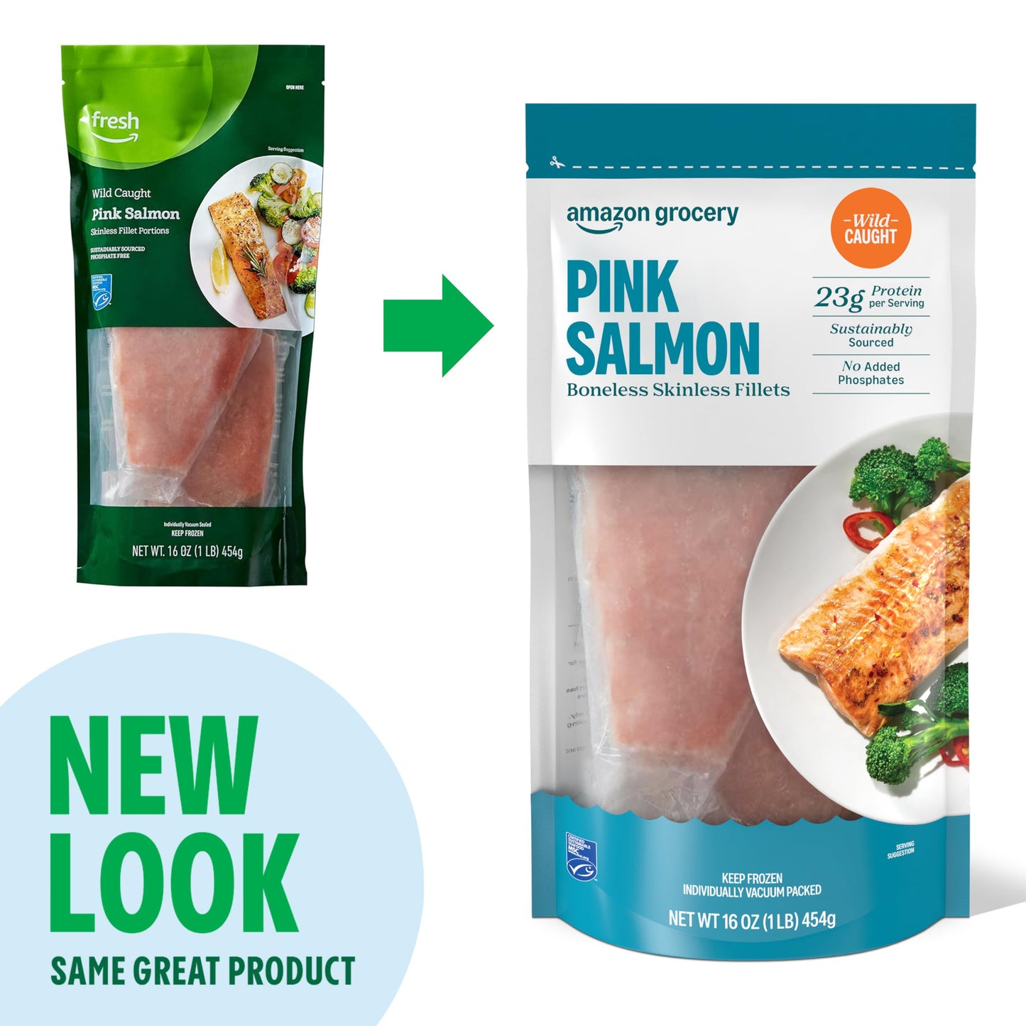Amazon Fresh Brand, Wild Caught Pink Salmon Skinless Fillet Portions, Frozen, Sustainably Sourced, Phosphate Free, 1 Lb