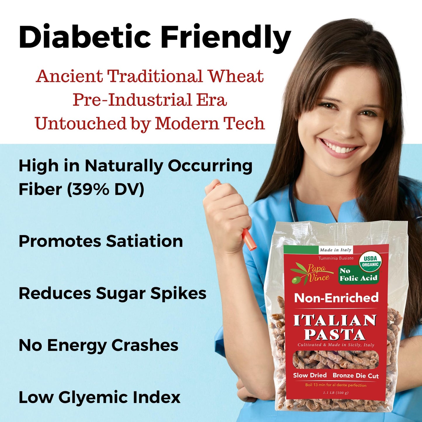 Papa Vince Organic Italian Pasta - Imported Whole Wheat Heirloom Grain from Italy: Non-Enriched, Bronze Die-Cut, High Fiber, Slow Carb, Slow-Dried