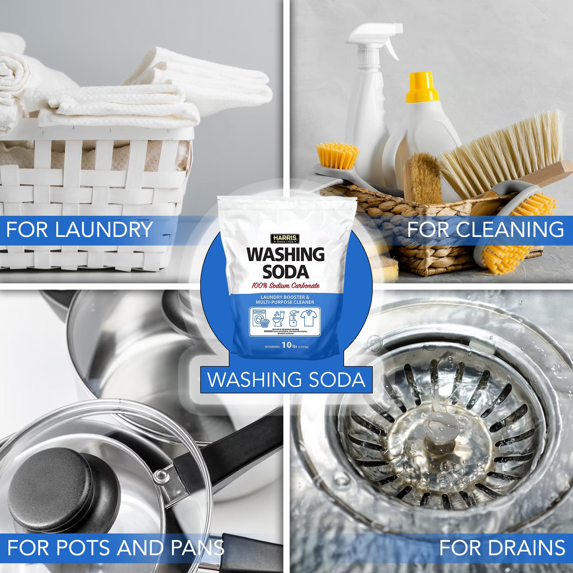 Harris Washing Soda, Sodium Carbonate, Laundry Booster and Multipurpose Cleaner, No Additives or Fragrances, 10lb