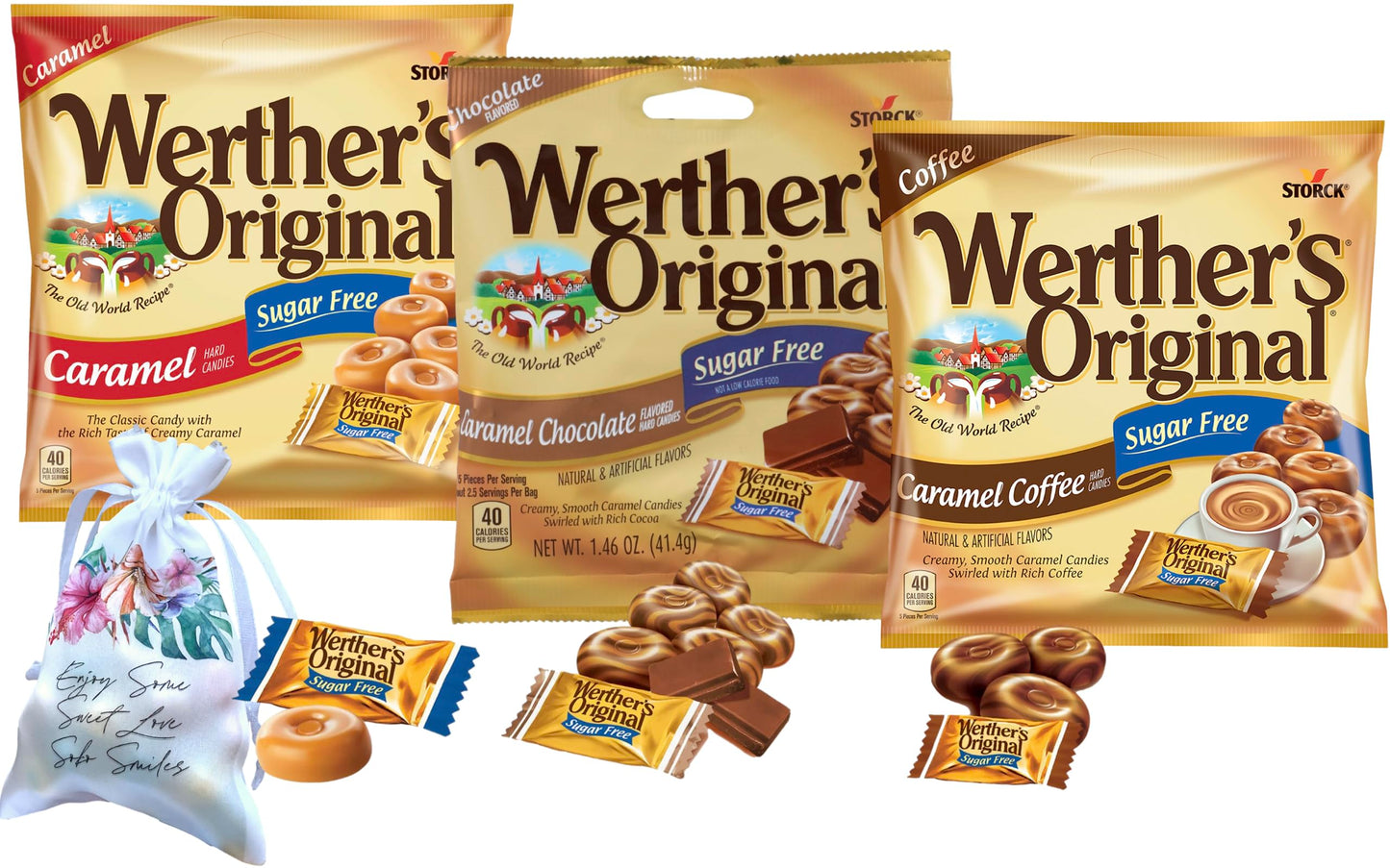Werther's Original Sugar Free Hard Candy 3 Bags Bundle (1.46 OZ Each) 3 Flavors: Coffee, Chocolate, Caramel | Perfect for Office Spaces Candy dishes