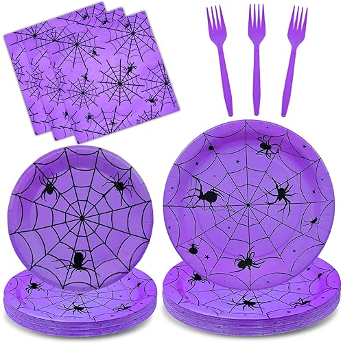 96 Pieces Halloween Spider Web Tableware Party Supplies - Disposable Dinnerware Set with Paper Plates, Napkins, and Forks for Spooky Halloween Party