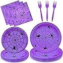 96 Pieces Halloween Spider Web Tableware Party Supplies - Disposable Dinnerware Set with Paper Plates, Napkins, and Forks for Spooky Halloween Party
