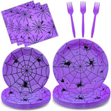 96 Pieces Halloween Spider Web Tableware Party Supplies - Disposable Dinnerware Set with Paper Plates, Napkins, and Forks for Spooky Halloween Party