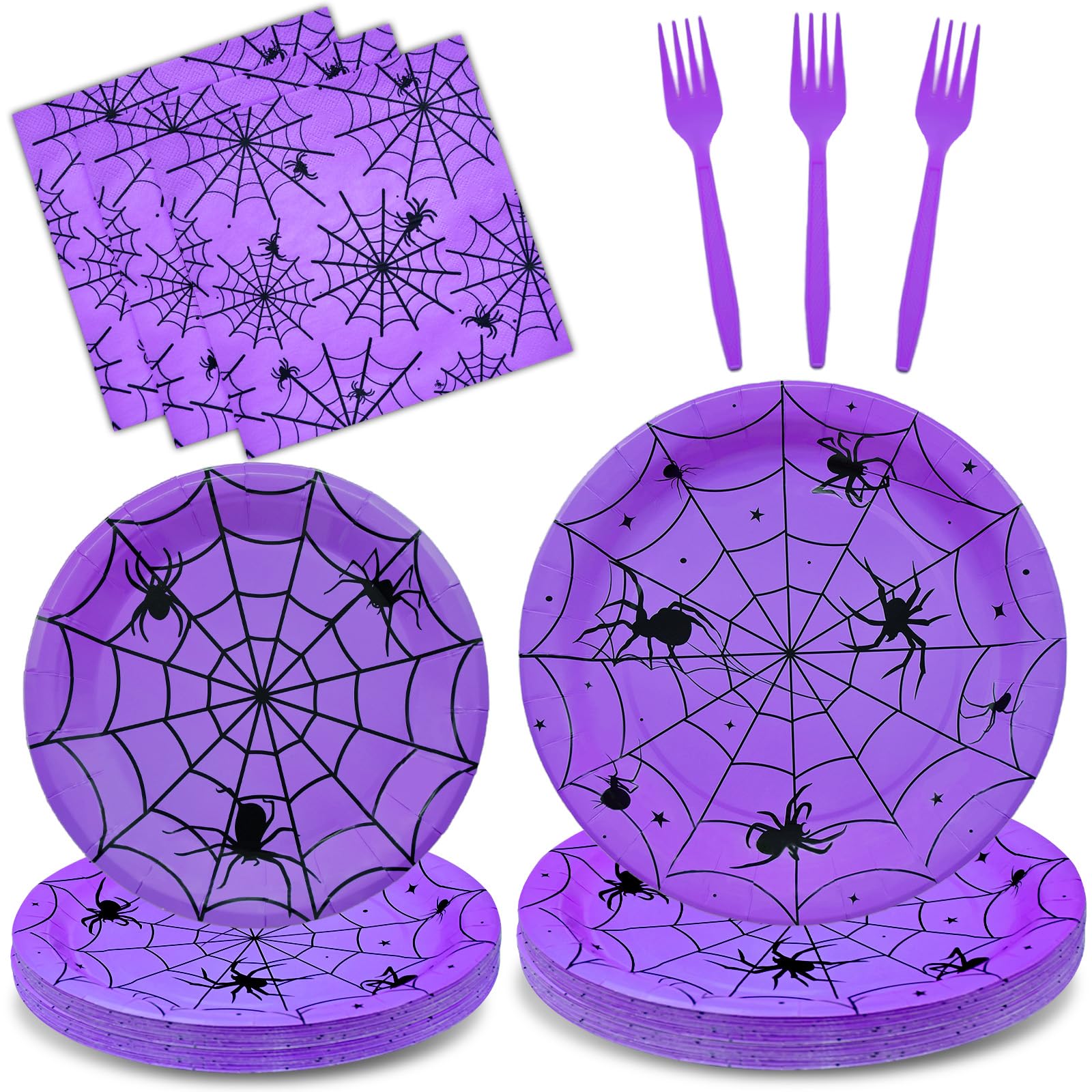 96 Pieces Halloween Spider Web Tableware Party Supplies - Disposable Dinnerware Set with Paper Plates, Napkins, and Forks for Spooky Halloween Party