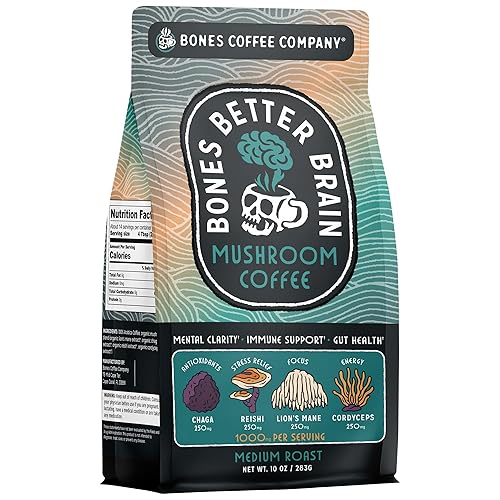 Bones Coffee Company Better Brain Mushroom Coffee - Medium Roast Low Acid Arabica Beans - Ground Coffee - Reishi, Chaga, Lion's Mane, Cordyceps