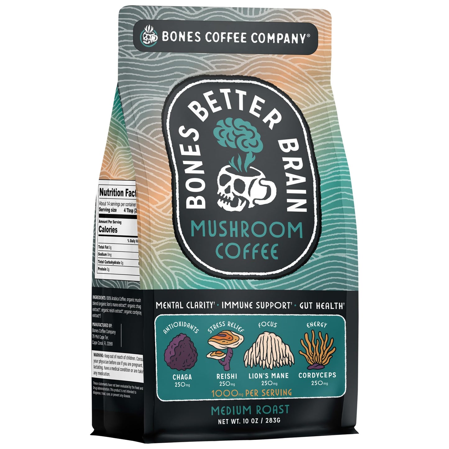 Bones Coffee Company Better Brain Mushroom Coffee - Medium Roast Low Acid Arabica Beans - Ground Coffee - Reishi, Chaga, Lion's Mane, Cordyceps
