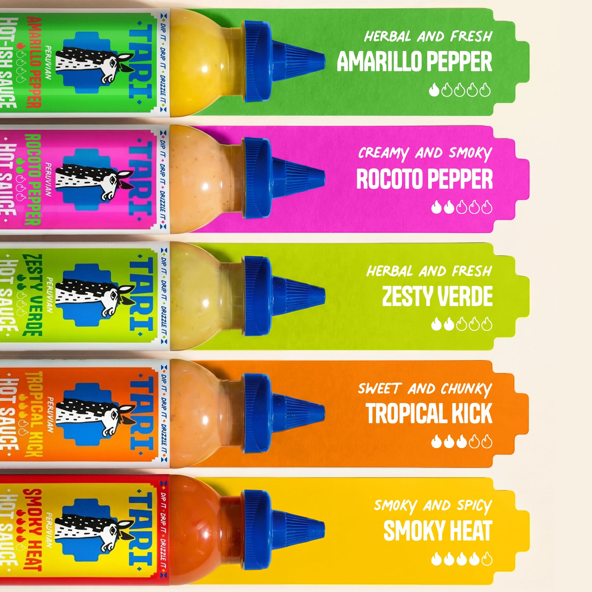 Tari Hot Sauce 5Pk Gift Box - Aji Rocoto, Aji Amarillo, Zesty Verde, Smoky Heat & Tropical Kick - 11.8oz each (5ct)