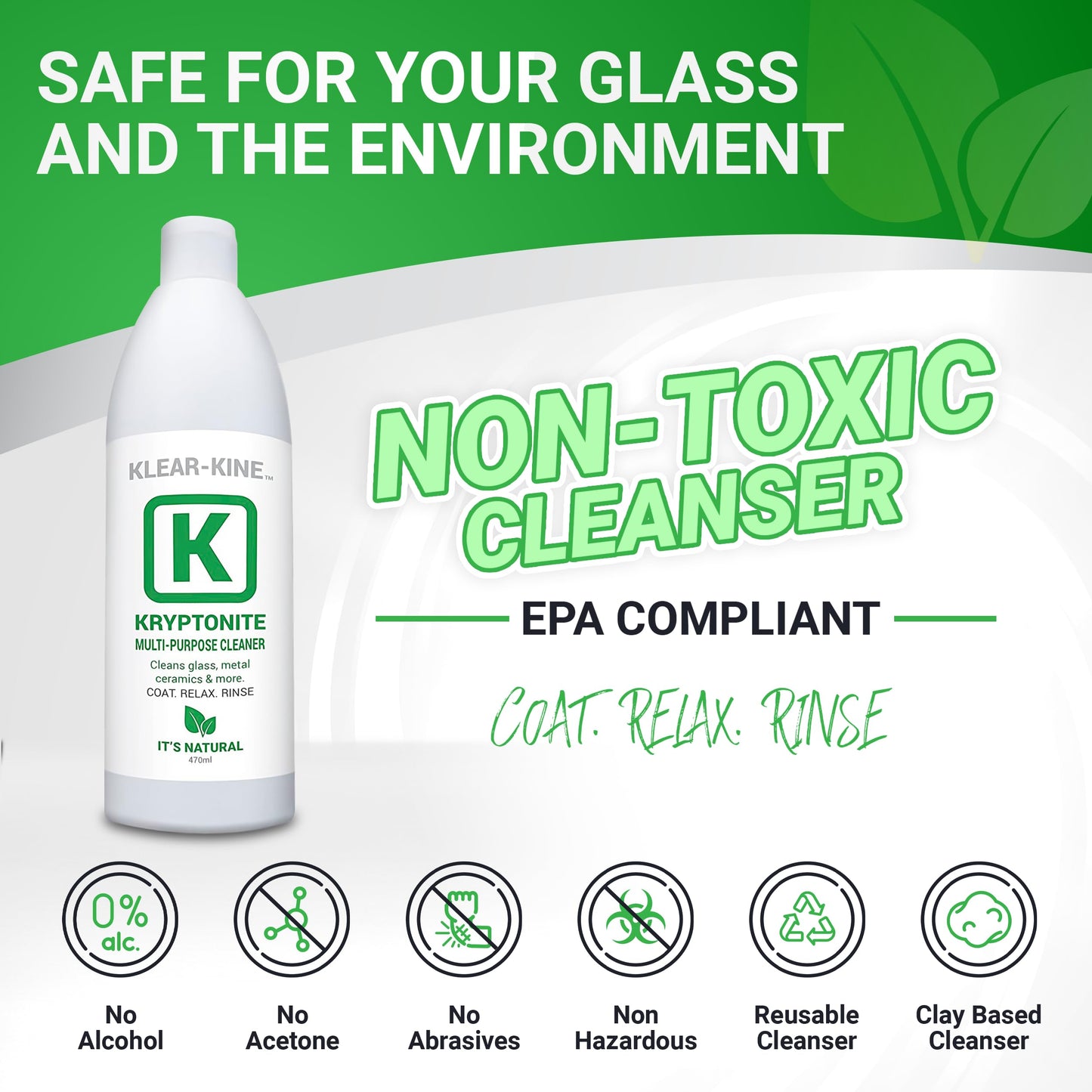 KLEAR Kryptonite Multipurpose Glass Cleaner | Powerful Cleaning Combo 5 in 1| Glass Friendly Glass Cleaner| Coat, Relax, Rinse| 16 oz Pack of 2
