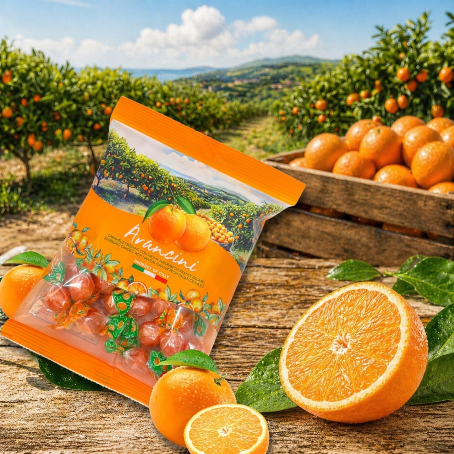 Sanniti Arancini Sparkling Candy, 6.17 oz (175g) Fizzy Orange Hard Candy with Natural Flavor from Italian Oranges, Product of Italy
