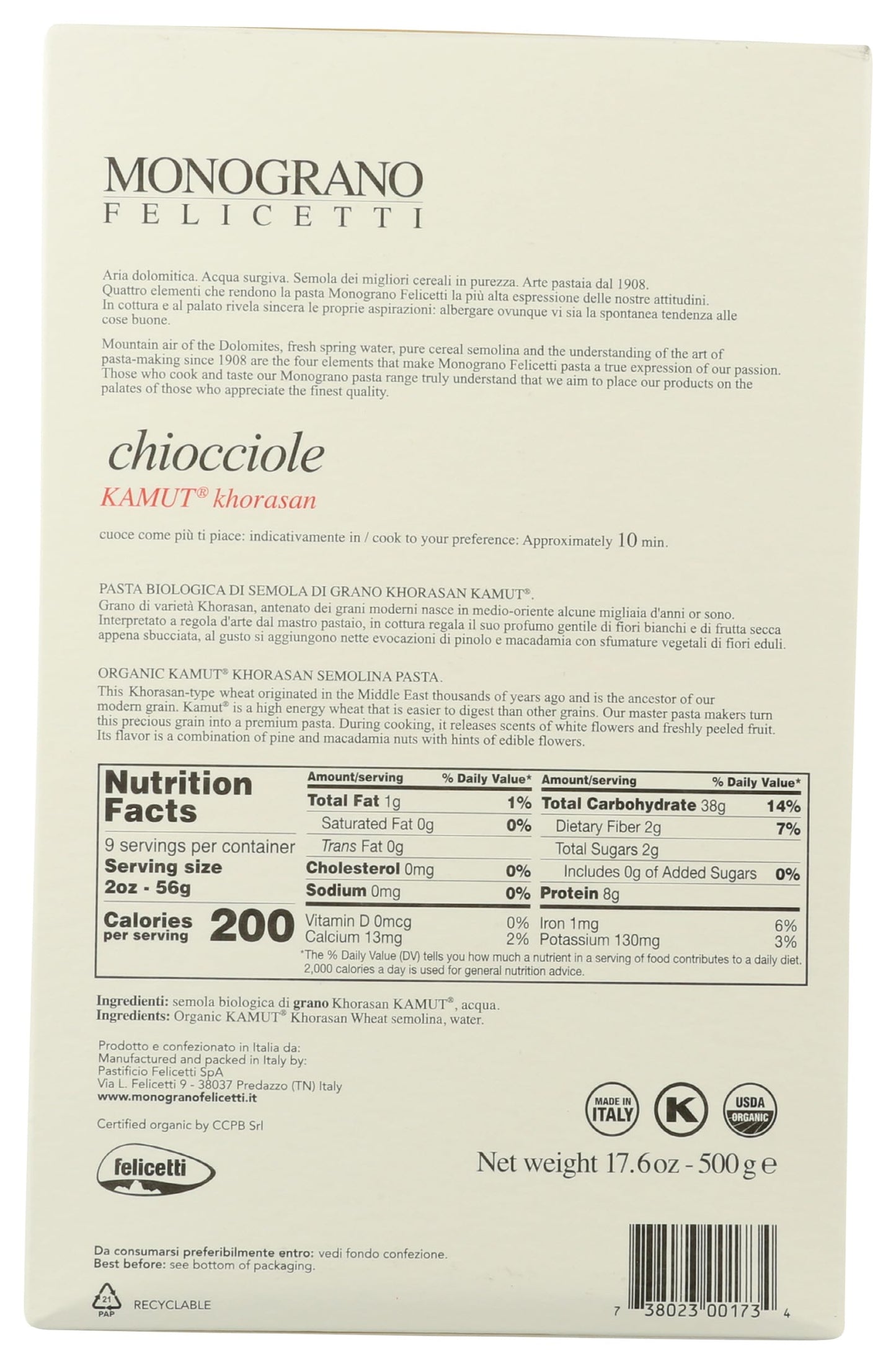 Monograno Felicetti, Pasta Chiocciole Kamut, 17.64 Ounce