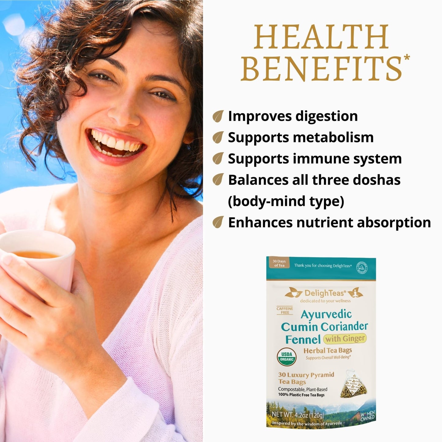 DelighTeas Organic Digest & Detox CCF Tea with Ginger | Eco-Conscious Pyramid Tea Bags | Ayurvedic Cumin Coriander Fennel Ginger Tea | USDA Organic