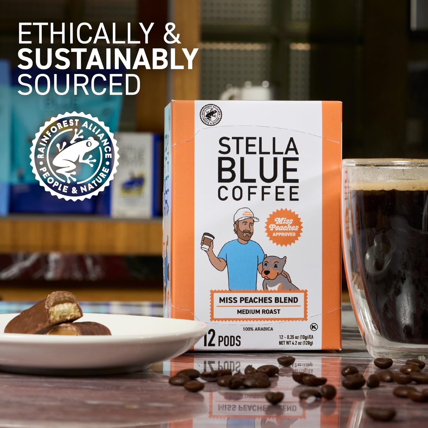 Stella Blue Coffee Pods, Miss Peaches Blend, Medium Roast Citrus Caramel, Fruity Notes 100% Arabica Beans, Ethically Sourced from Central and South
