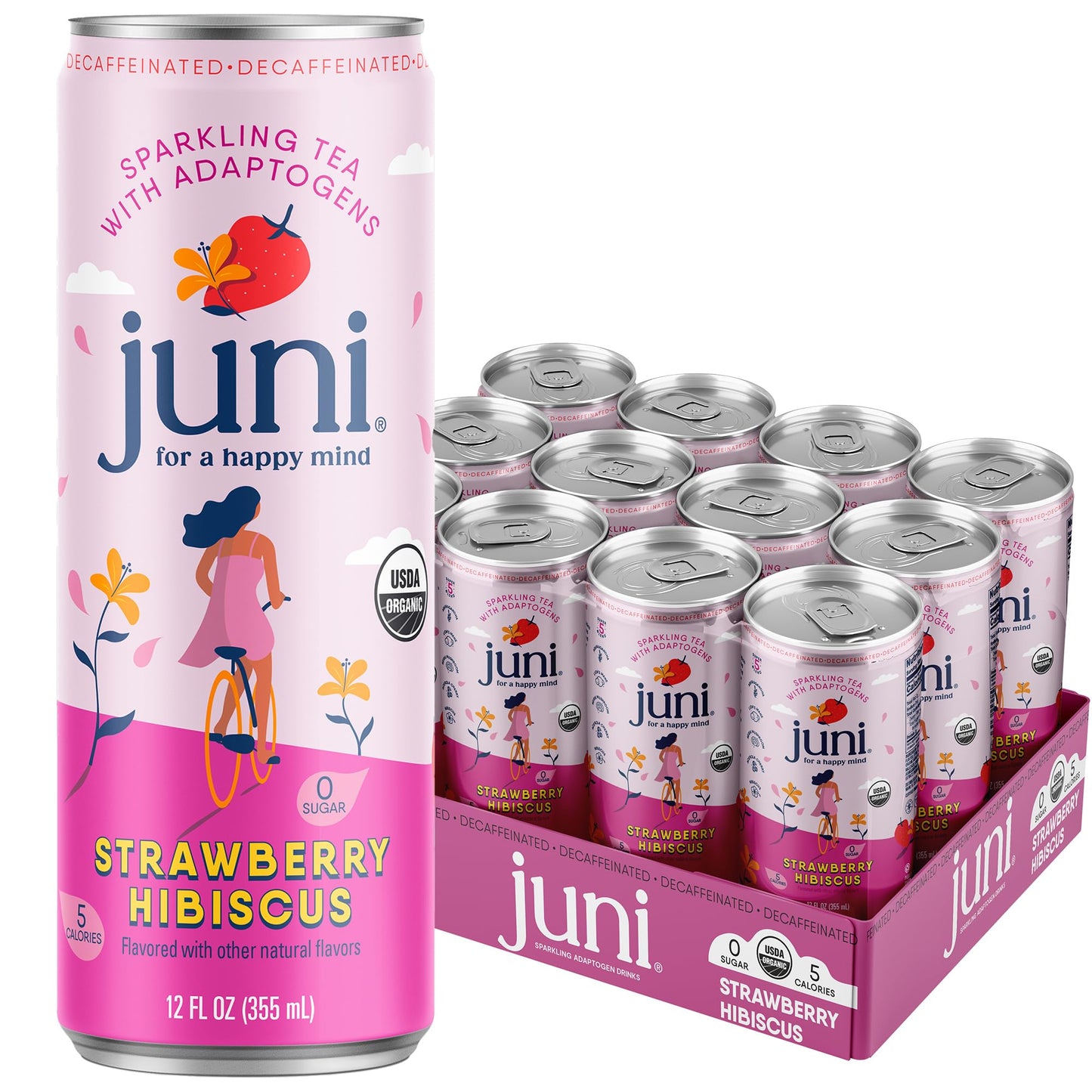 Juni Sparkling Adaptogen Drink with Ashwagandha, Lion’s Mane & Reishi Mushrooms | Green Tea for Focus, Zero Sugar, 5 Calories | Decaffeinated, Non