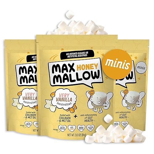 Max Mallow HONEY Mini Marshmallows - Very Vanilla - Gut Friendly, Gluten Free, No Refined Sugars, Real Wildflower Honey, Collagen-Infused Snack (3