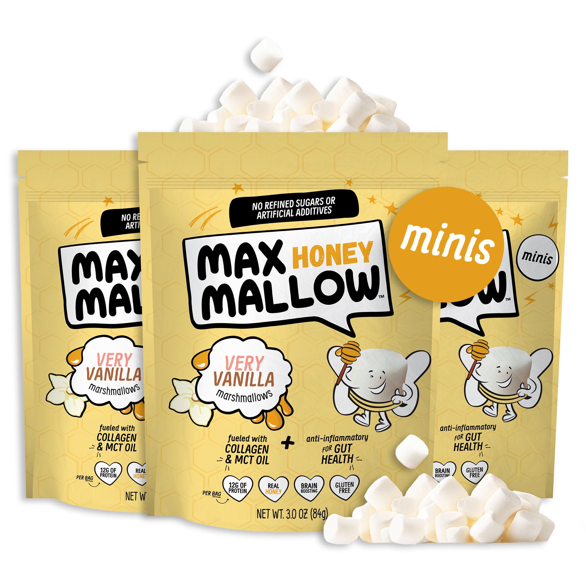 Max Mallow HONEY Mini Marshmallows - Very Vanilla - Gut Friendly, Gluten Free, No Refined Sugars, Real Wildflower Honey, Collagen-Infused Snack (3