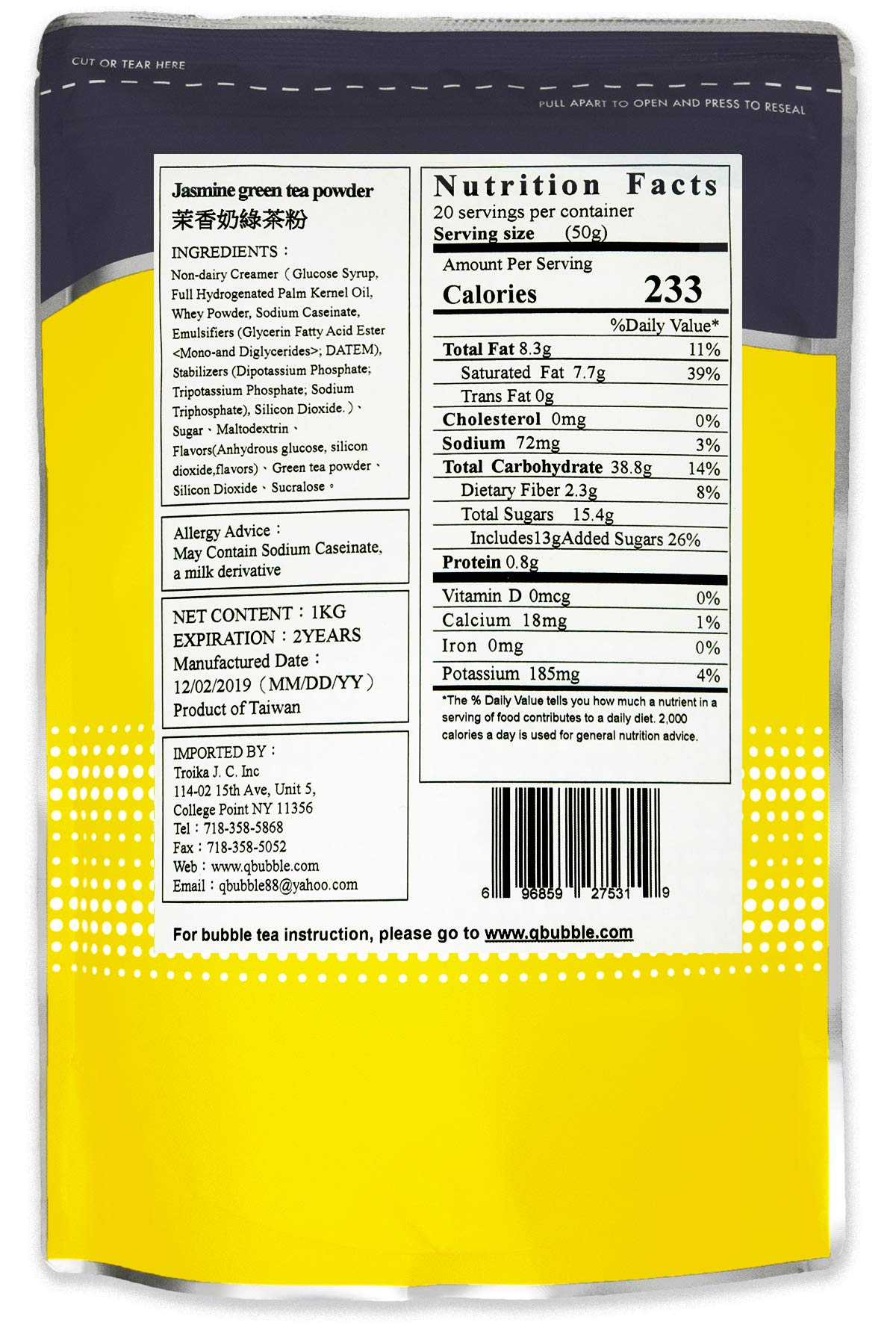 Qbubble Tea Powder Jasmine Green, 2.2 Pound