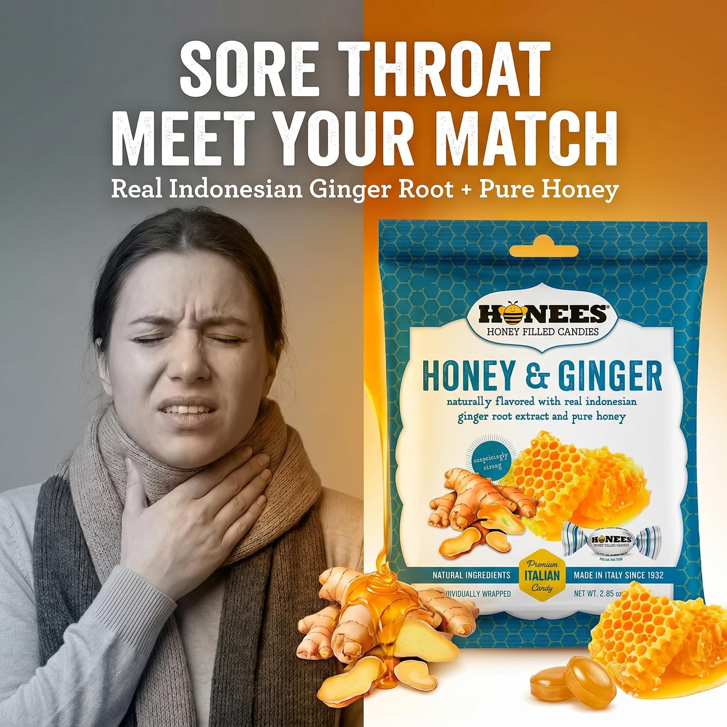 Honees Candy Honey & Ginger 2.85 oz (Pack of 3) - Honey Ginger Candy - Soothing Filled Drops - Individually Wrapped Candies for Home or Office - 4