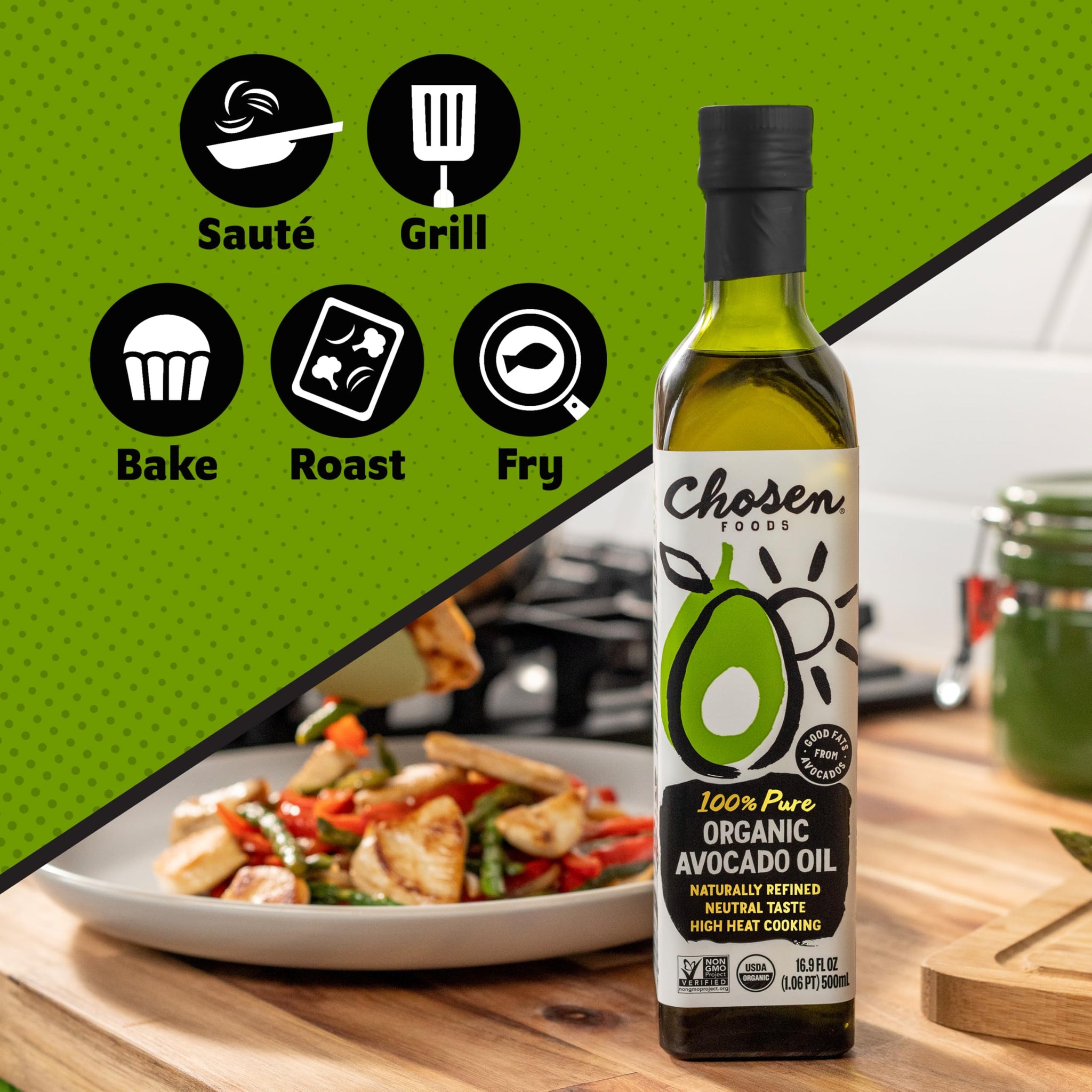 Chosen Foods Organic Avocado Oil, 16.9 Fl Oz - All Purpose Cooking Oil made from 100% Pure Avocados - Non-GMO, Gluten-Free, Keto Friendly, Glyphosate Free - 500mL (Pack Of 1)