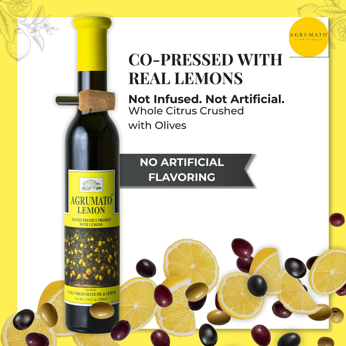 Agrumato Lemon Olive Oil, Cold Pressed Italian Extra Virgin with Fresh Citrus Peel, Small Batch Gourmet Finishing Oil for Salads Seafood Pasta