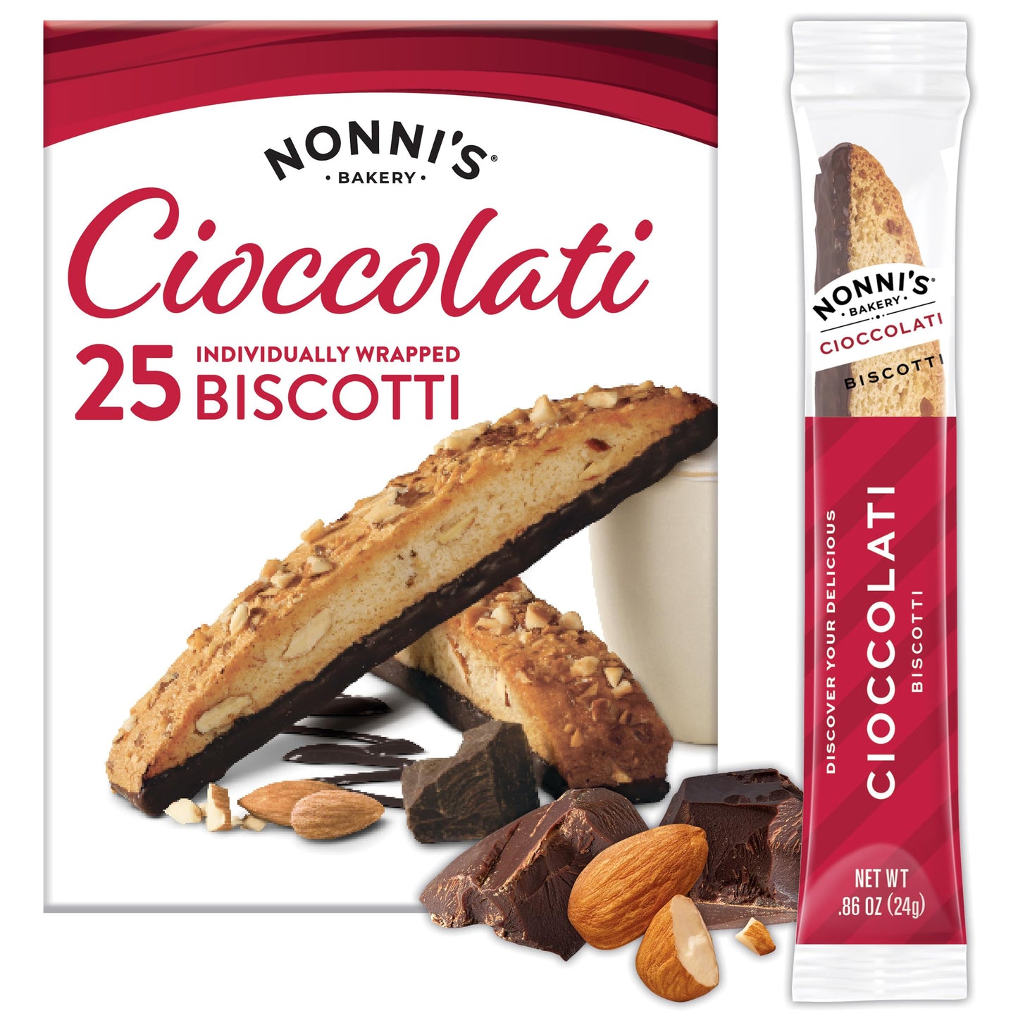 Nonni's XL Biscotti Dark Chocolate with Almond Cookies, Individually Wrapped Italian Coffee Snacks, 25 Cookies, 33.25 oz. Large Carton (Pack of 1)