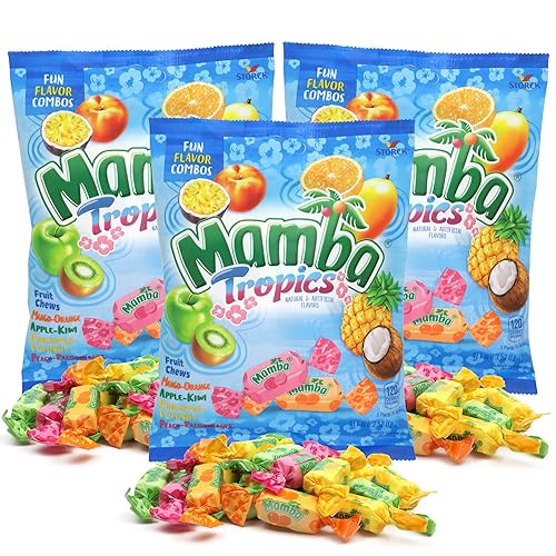 Mamba Tropics Fruit Chews, Assorted Fruity Flavor Combos, Individually Wrapped Pieces, 3.52 Ounces (Pack of 3)
