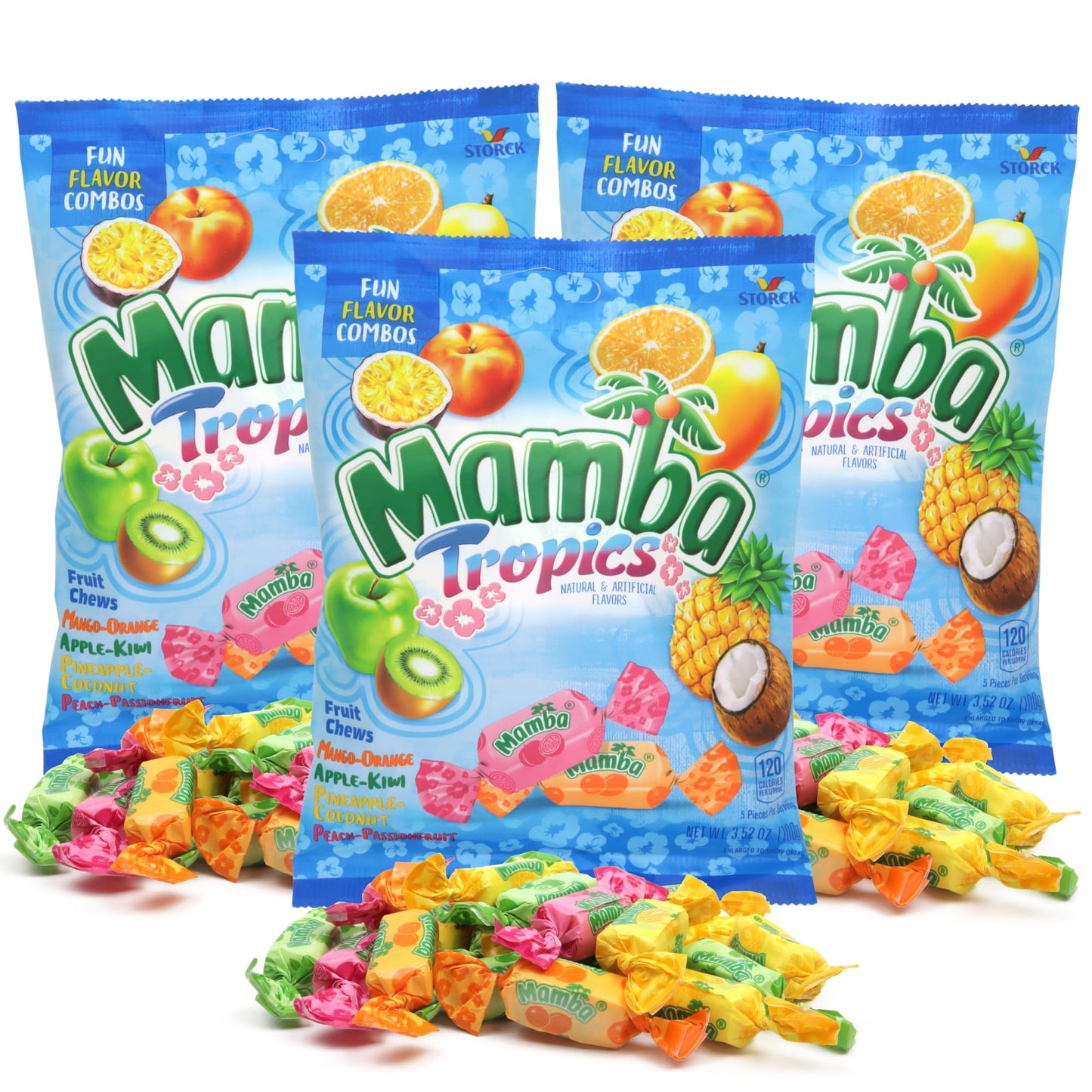 Mamba Tropics Fruit Chews, Assorted Fruity Flavor Combos, Individually Wrapped Pieces, 3.52 Ounces (Pack of 3)