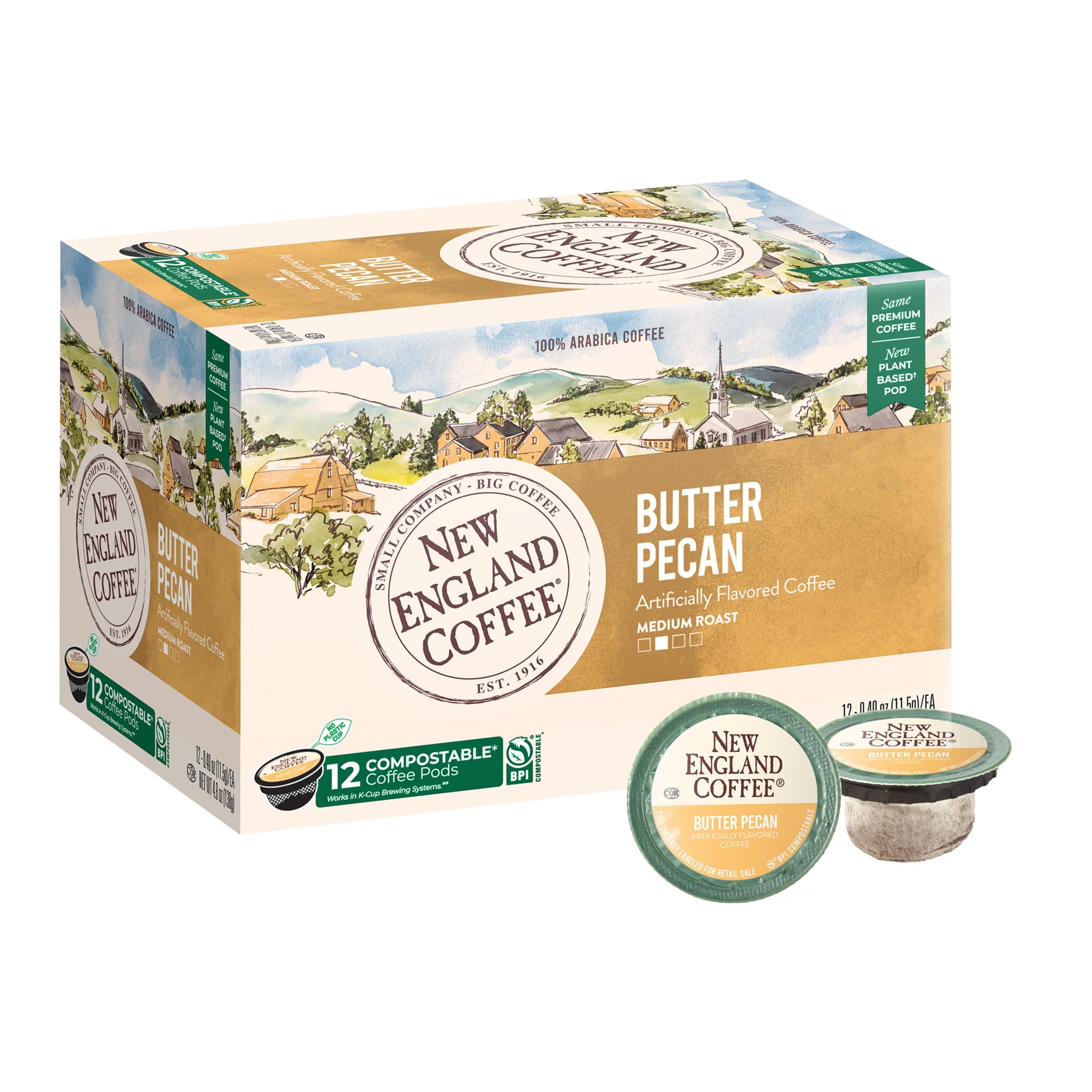New England Coffee Single Serve Pods, Butter Pecan Medium Roast 12 Count (Pack of 1)
