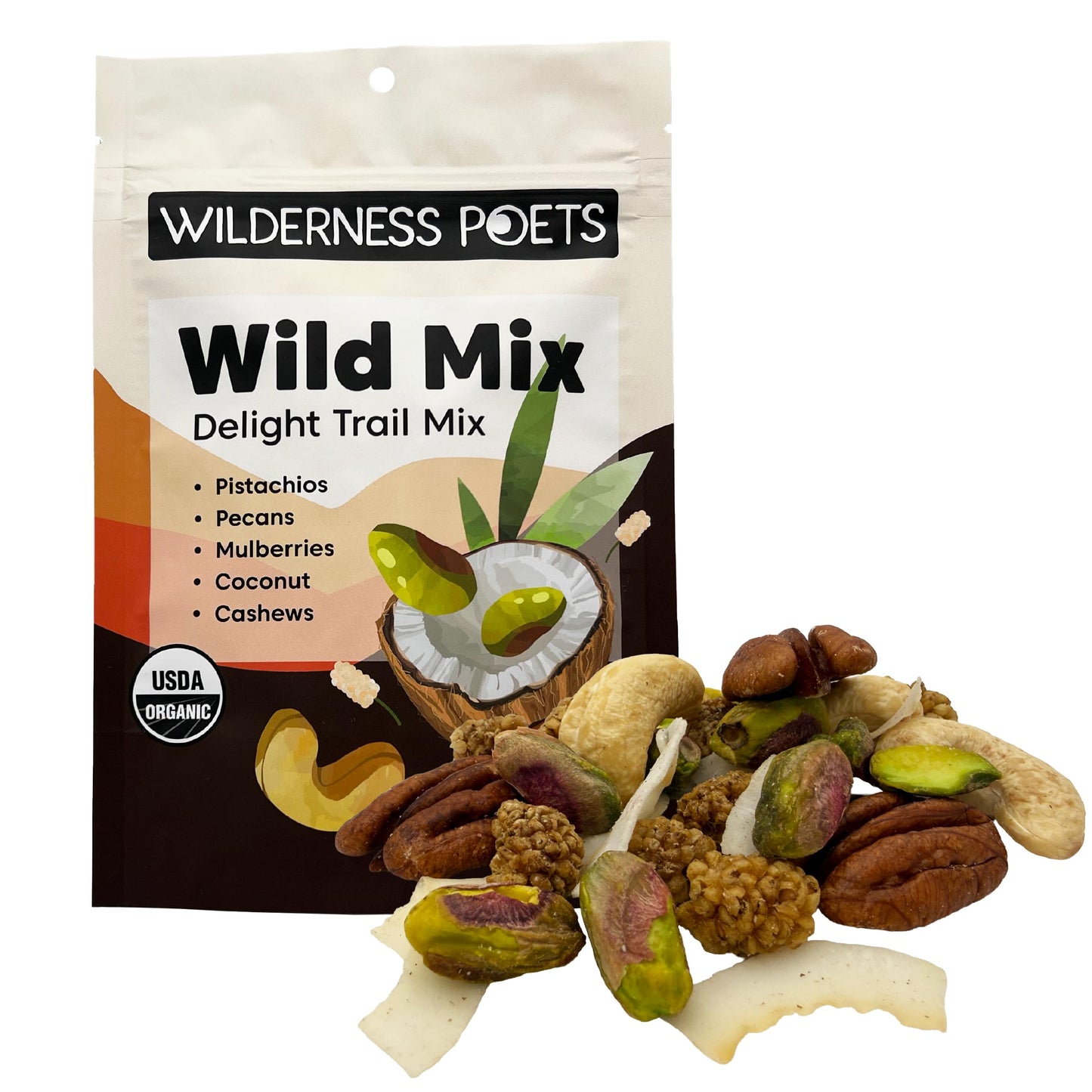 Wilderness Poets, Song of Delight Wild Mix - Organic Raw Trail Mix - Pecans, Cashews, Mulberries, Pistachios, Coconut Ribbons - 3.25 Ounce