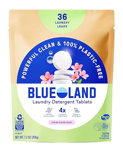 BLUELAND Laundry Detergent Tablets, 36 Count, Spring Bloom Scent, Plastic-Free Eco-Friendly Pods, Sheets, Liquid Alternative - Safe for Sensitive