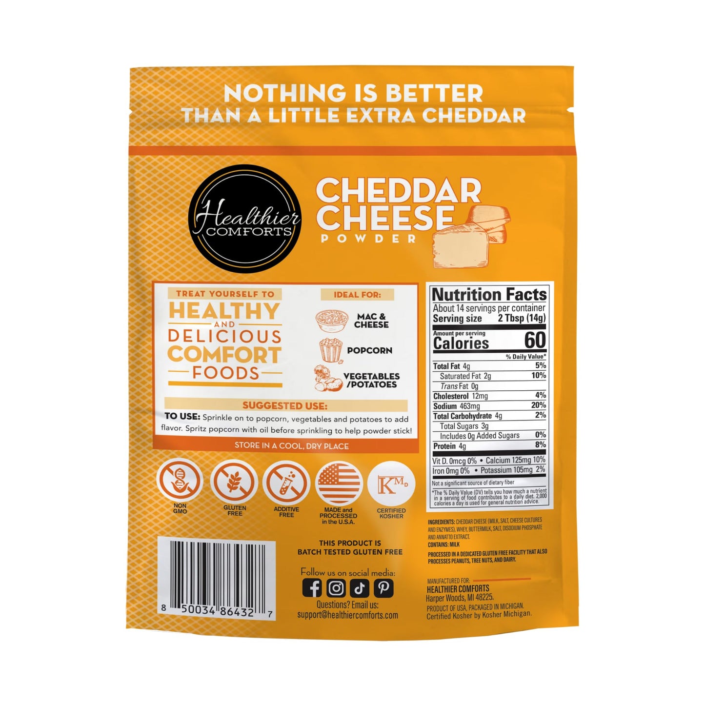 Healthier Comforts Cheddar Cheese Powder (7 oz) | Premium Yellow Cheddar | Batch Tested Gluten Free, Kosher, No Artificial Dyes | Cheesy Goodness