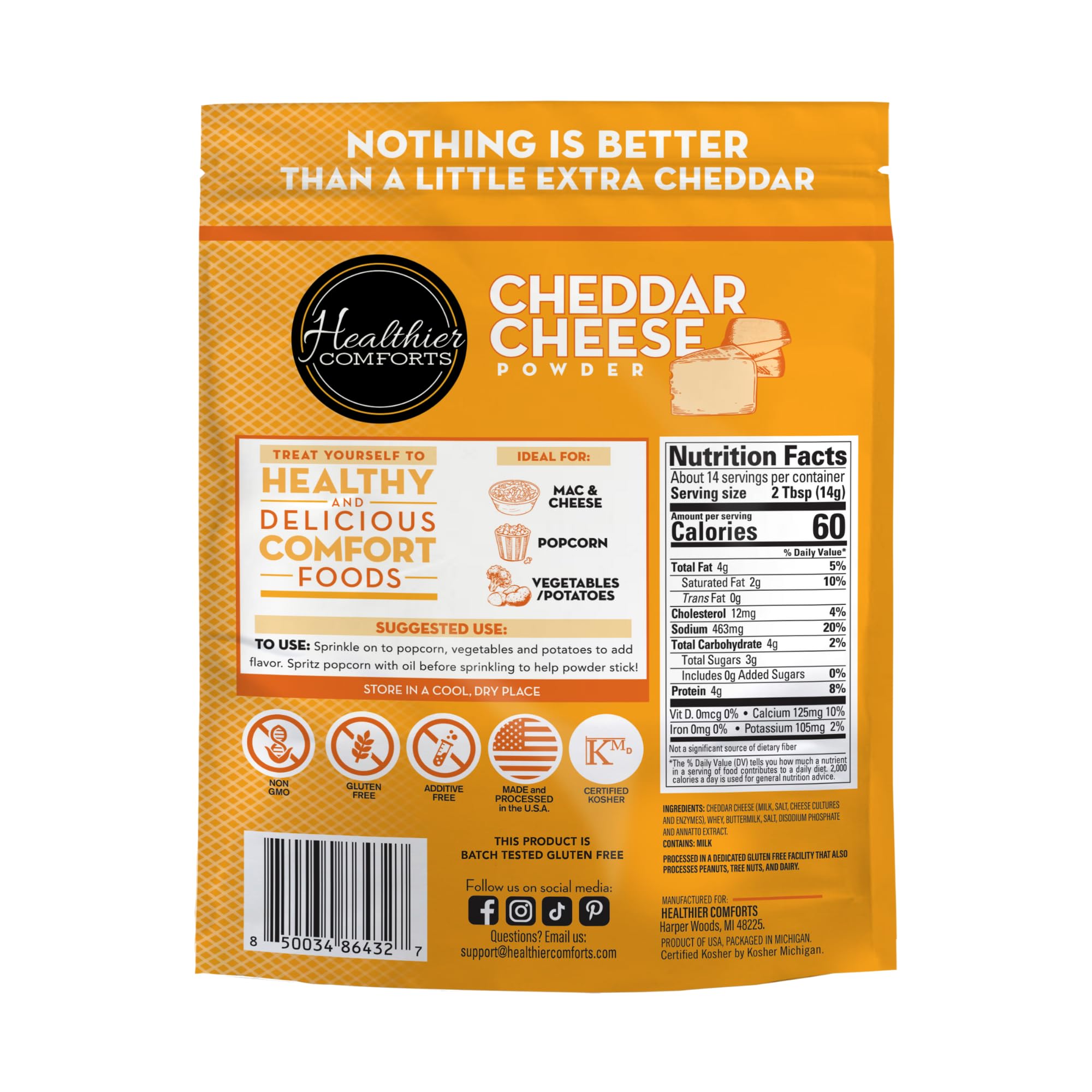 Healthier Comforts Cheddar Cheese Powder (7 oz) | Premium Yellow Cheddar | Batch Tested Gluten Free, Kosher, No Artificial Dyes | Cheesy Goodness