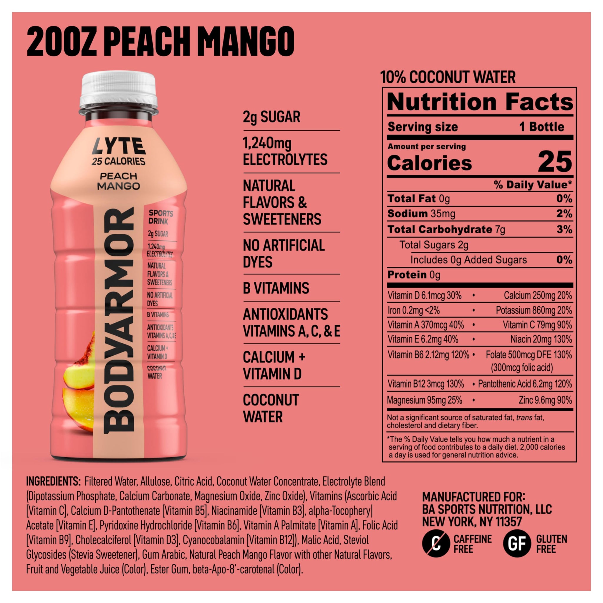 BODYARMOR LYTE, Peach Mango, Electrolyte Drink, 25 Calories, 20 Fl Oz Bottles (6 Pack), Coconut Water Sports Drink, Natural Flavor & B Vitamins