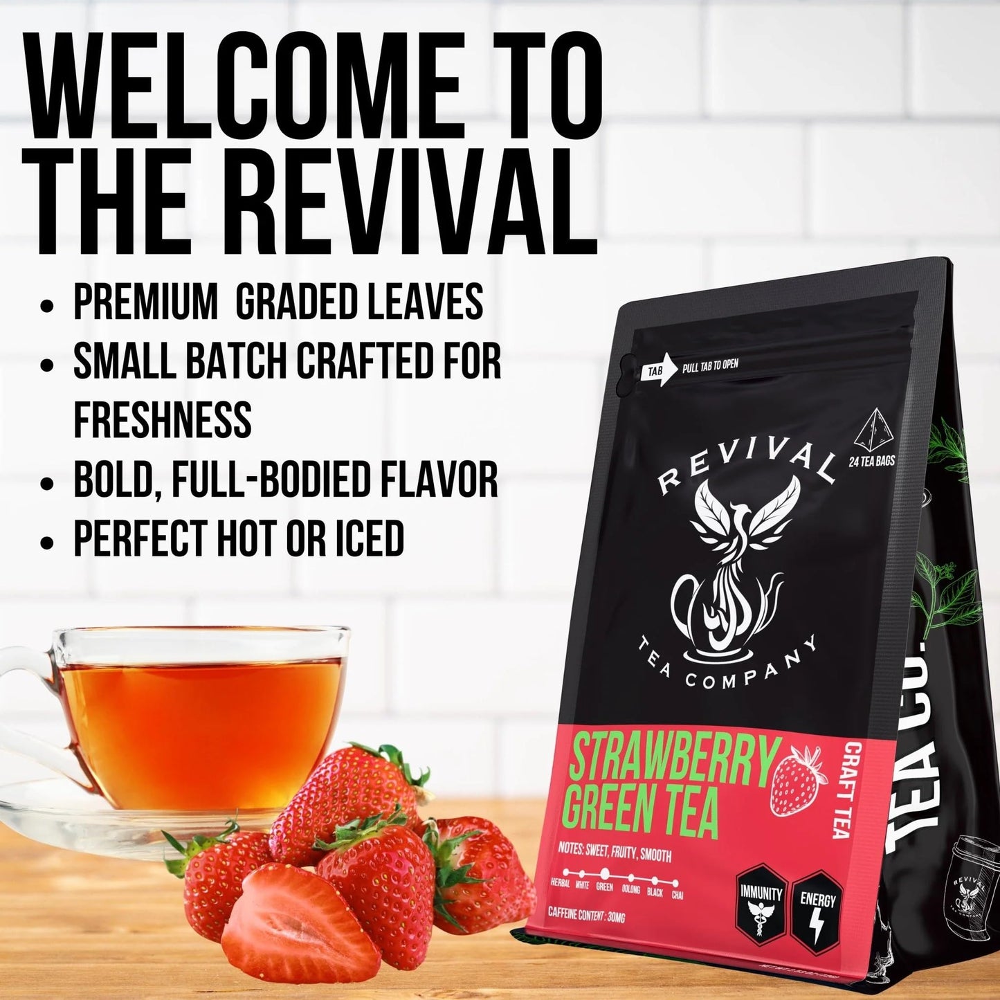 Revival Tea Company Strawberry Green Iced Tea - 1 Gallon Sachets - Green Tea Blend with Natural Strawberry Flavor - 15 Count