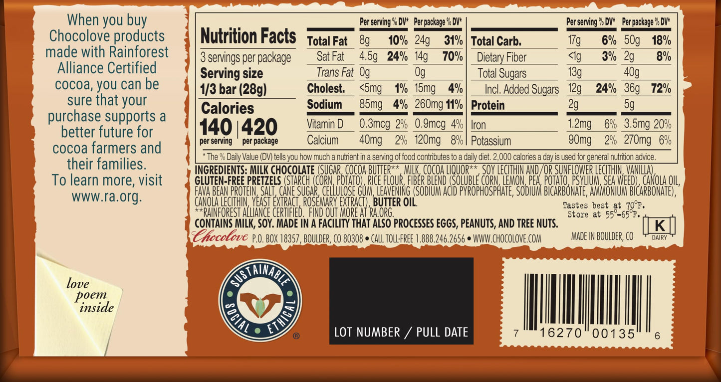 Chocolove XOXOX Pretzel In Milk Chocolate Bar - 2.9 oz