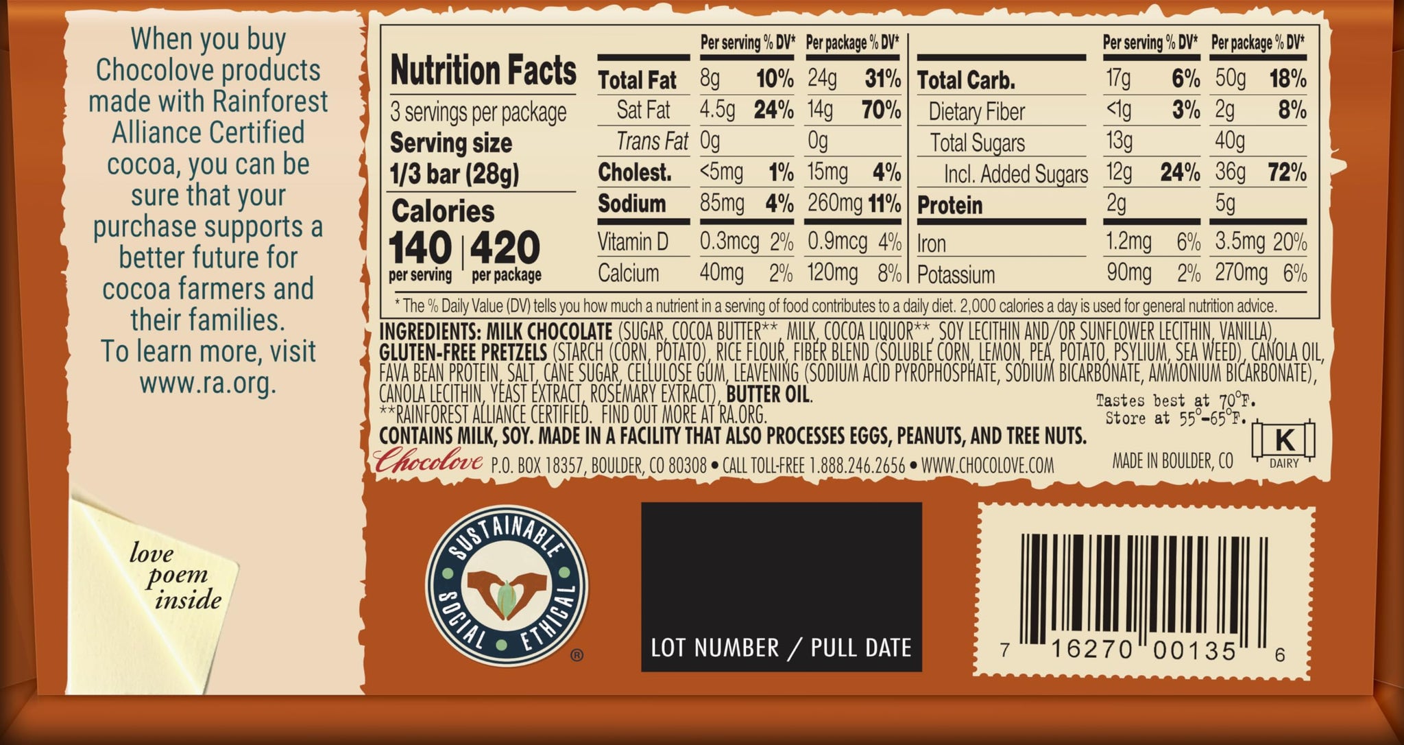 Chocolove XOXOX Pretzel In Milk Chocolate Bar - 2.9 oz