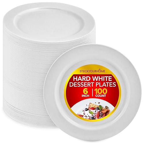 Stock Your Home 100 Count Premium White Plastic Plates, 6 Inch White Disposable Wedding Cake Plates, Heavy Duty Plastic Dessert Plates, Cocktail