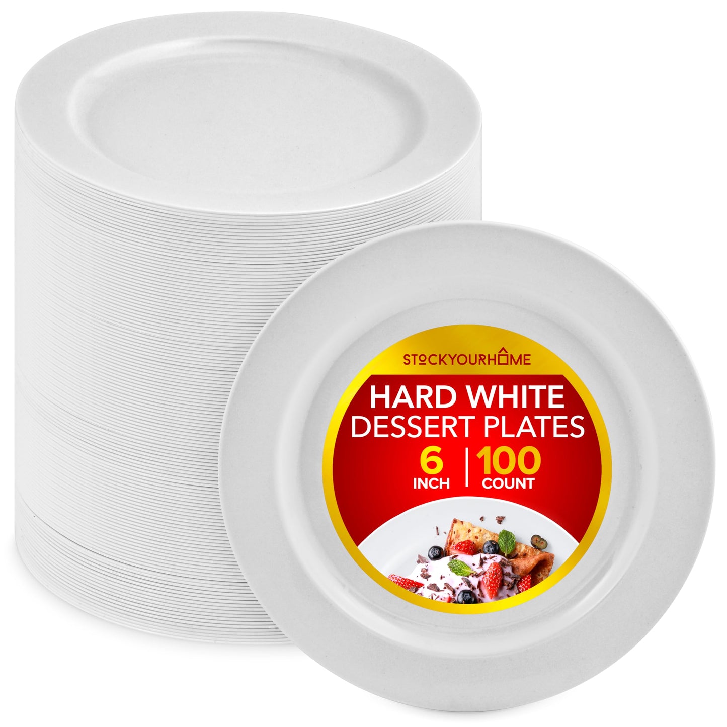Stock Your Home 100 Count Premium White Plastic Plates, 6 Inch White Disposable Wedding Cake Plates, Heavy Duty Plastic Dessert Plates, Cocktail
