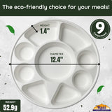 Rani 9 Compartment Round Biodegradable Divided Plates, Pack of 25 ~ Party, Thali, Buffet | Disposable & Eco-Friendly | Heavy-Duty Sturdy Paper Bagasse