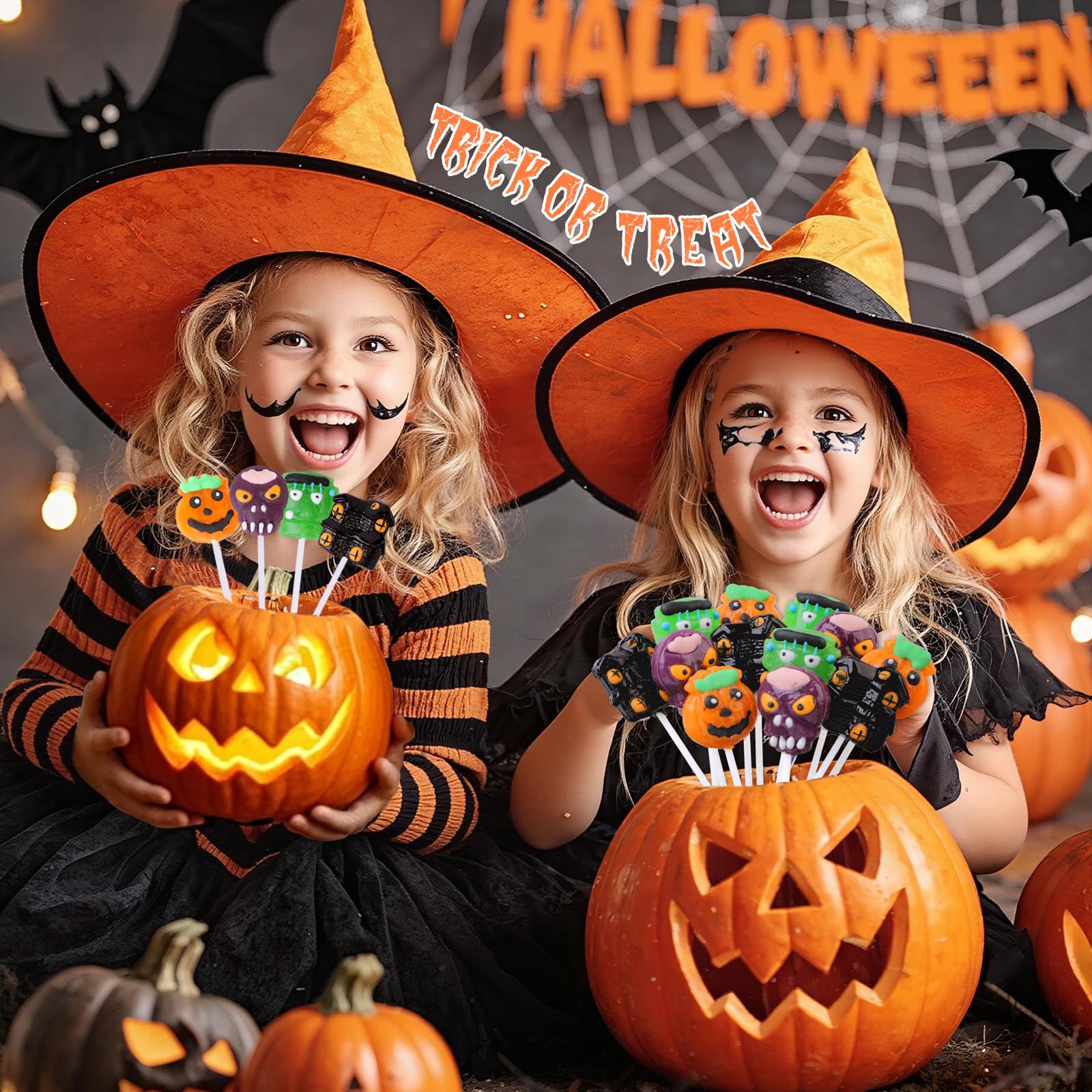 Halloween Lollipop Suckers Individually Wrapped Bulk - Spooky Candy Lollipops - Pumpkin, Green Monster, Zombie, Haunted House Candies for Kids