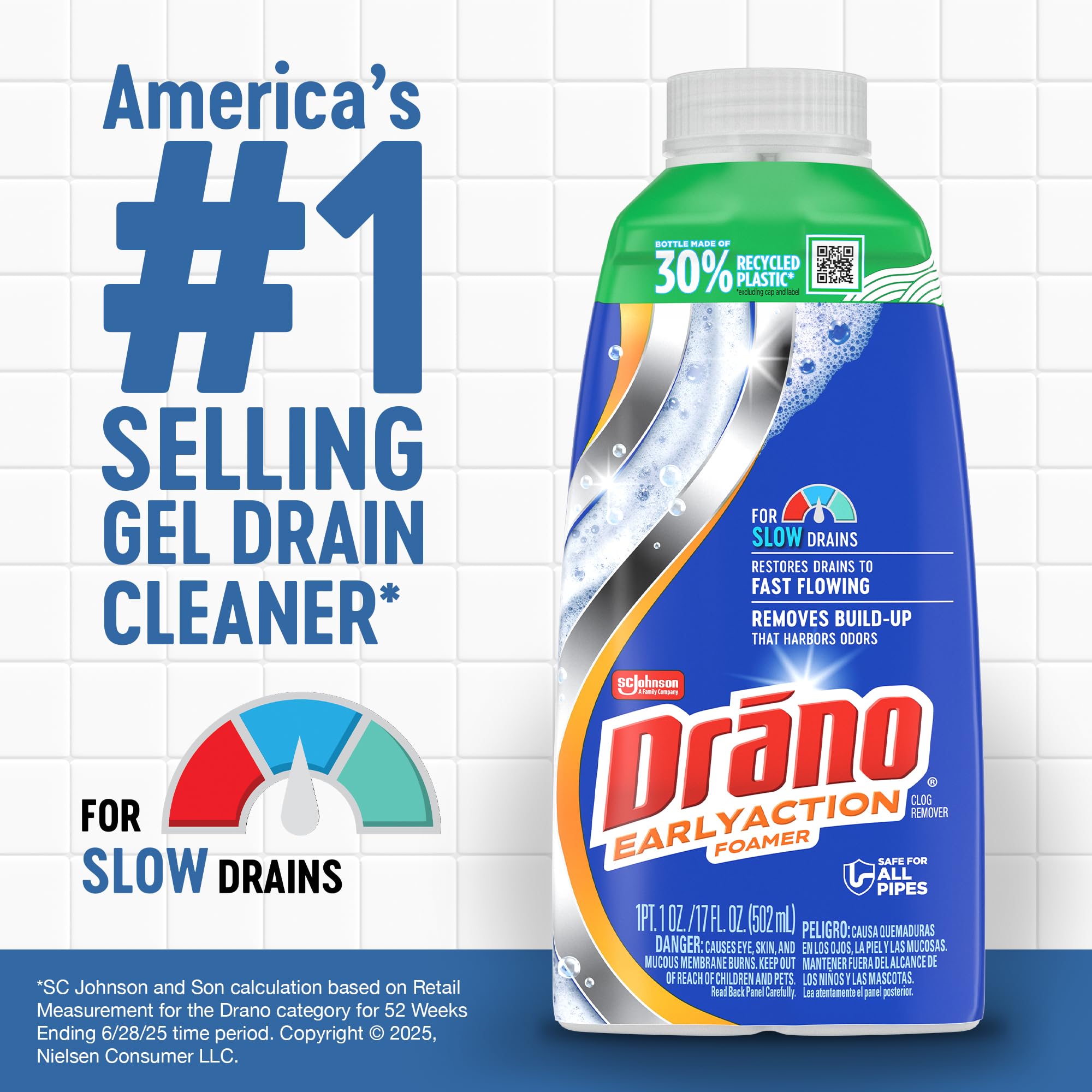 Drano EarlyAction Foamer, Drain Clog Remover & Cleaner, Unclogs Hair, Grease, Soap & Slow Drains, Removes Sources of Odor, Safe for Septic, Pipes