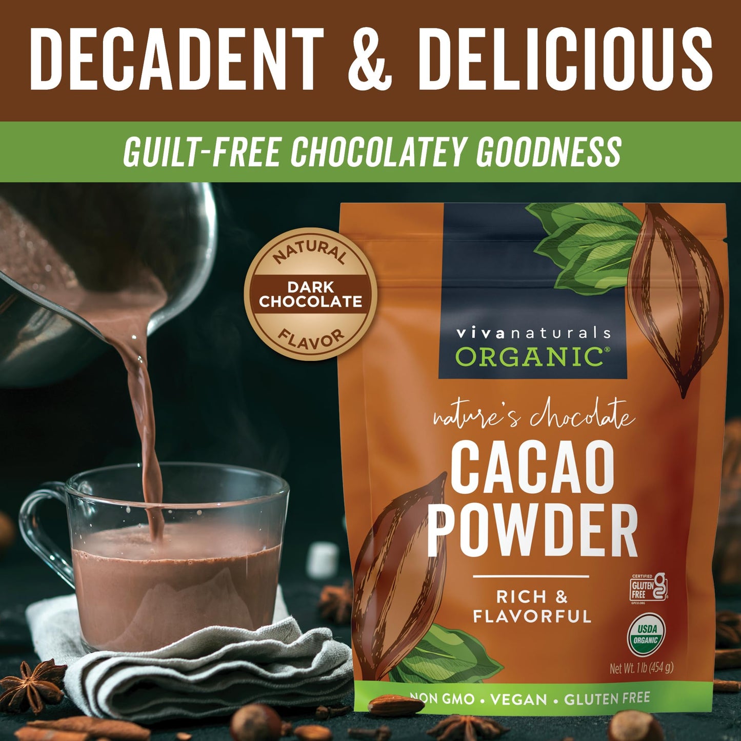 Organic Cacao Powder, Unsweetened, 1 lb (454 g) - Rich Dark Chocolate Flavor, Perfect for Baking, Smoothies & Hot Chocolate - Vegan, Keto, Paleo, Non-GMO & Gluten-Free Cocoa Powder