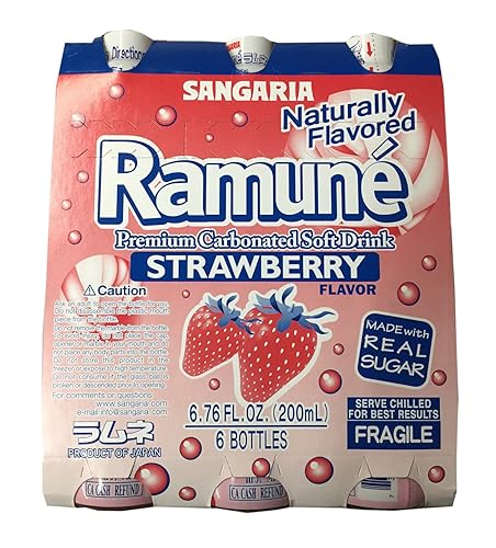 Sangaria Ramune Premium Carbonated Soft Drink 6.76 fl oz per Bottle (Strawberry, 6 Bottle)