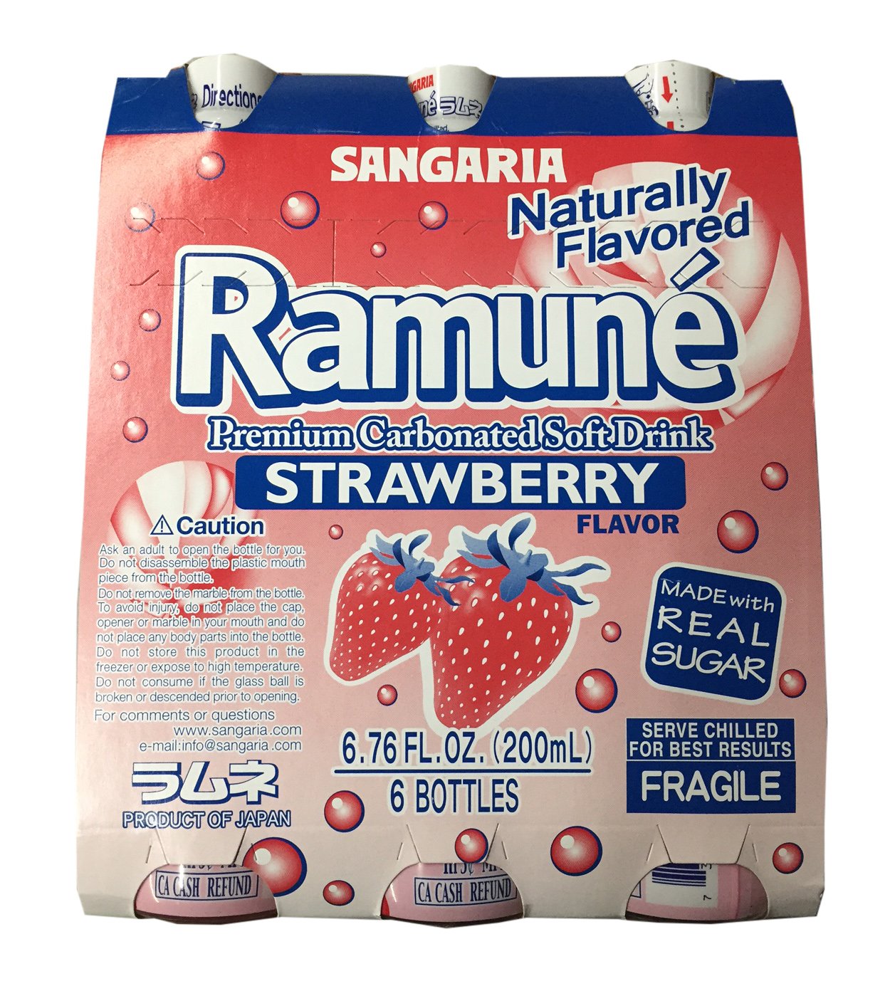 Sangaria Ramune Premium Carbonated Soft Drink 6.76 fl oz per Bottle (Strawberry, 6 Bottle)