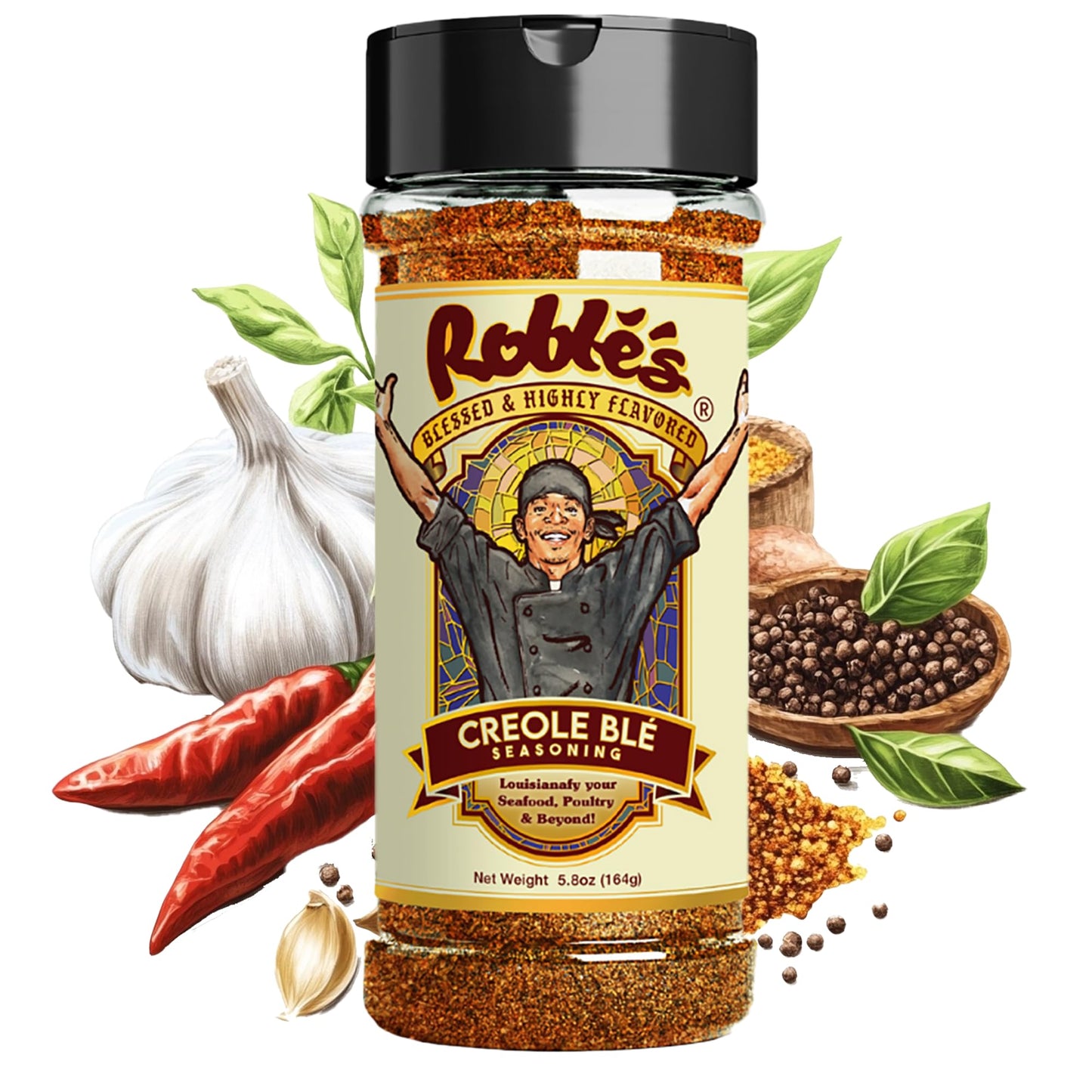 Blessed and Highly Flavored Creole Blé Seasoning by Chef Roblé, Gluten-Free, Low Sodium Mix, Spicy, Natural Spice Blend for Grilling, Vegetables