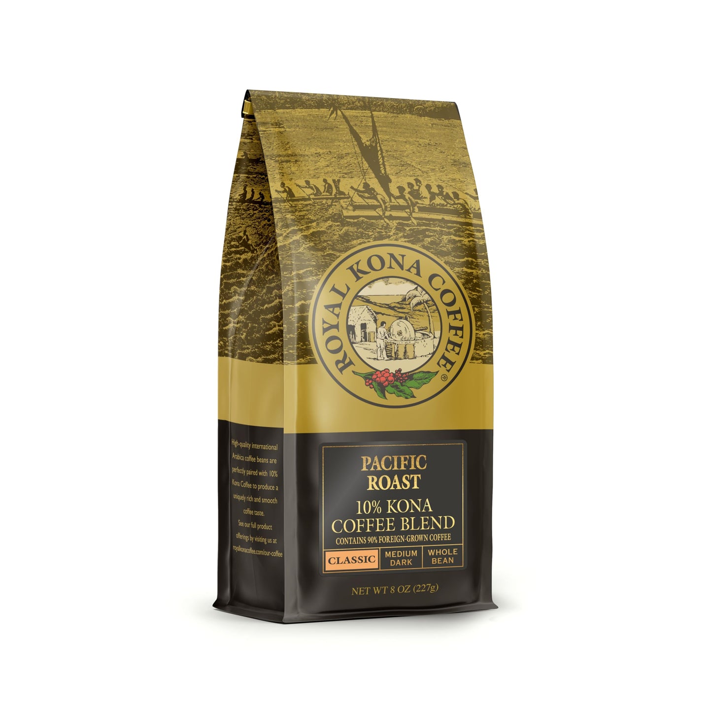 Royal Kona 10% Kona Coffee Blend Whole Bean, Classic Pacific Medium-Dark Roast, Smooth Bold Hawaiian Coffee Beans, Rich Full-Bodied Flavor, 8 oz